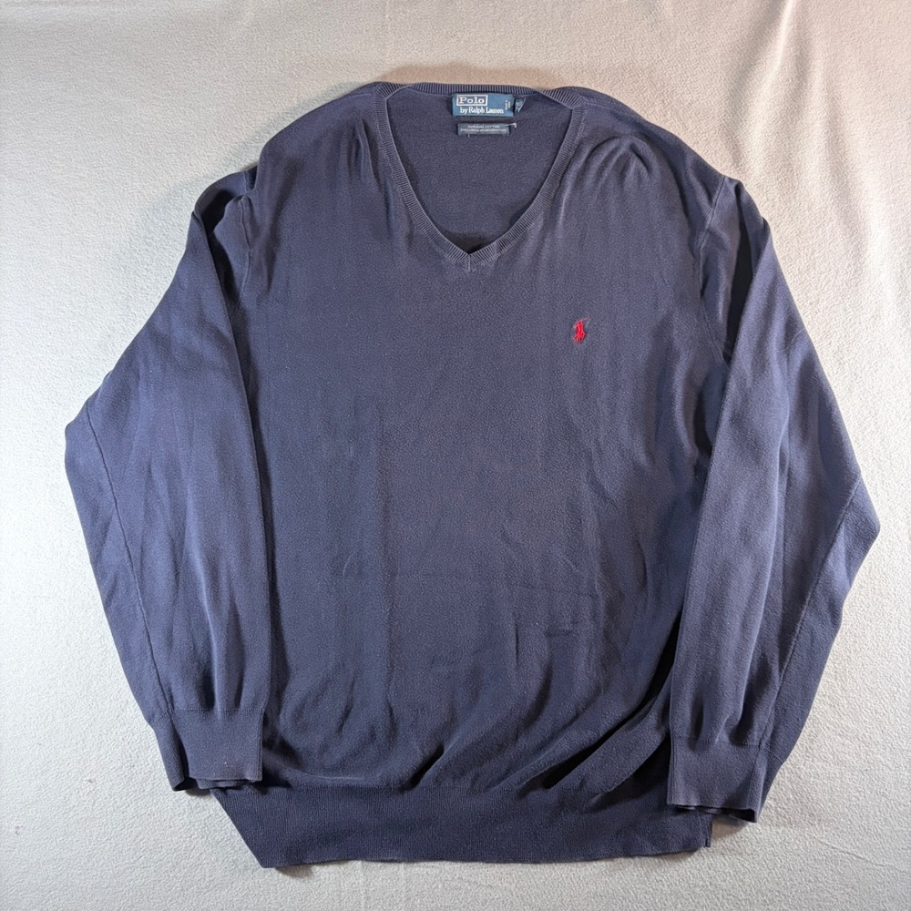 Polo Ralph Lauren Mens 2XLT Navy Blue V-Neck Pima Cotton Sweater Red Pony Logo